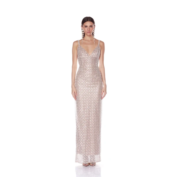 Bronx and Banco Silver Allegra Silver Sequin Maxi Dress  a harmonious blend of structured elegance and timeless sophistication