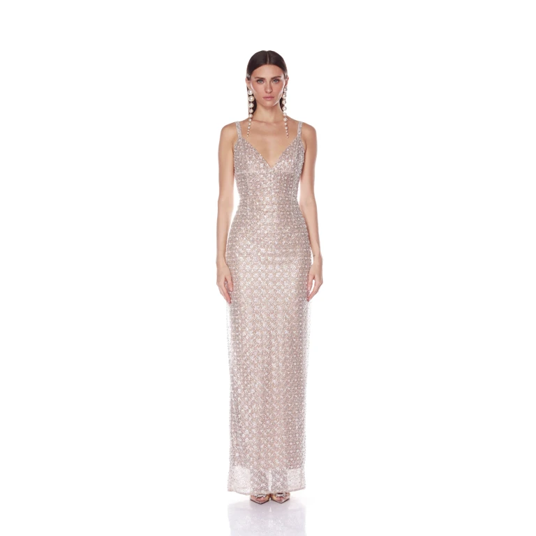 Bronx and Banco Silver Allegra Silver Sequin Maxi Dress  a harmonious blend of structured elegance and timeless sophistication
