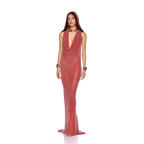 Bronx and Banco Red Amalia Red Gown  a harmonious blend of structured elegance and timeless sophistication