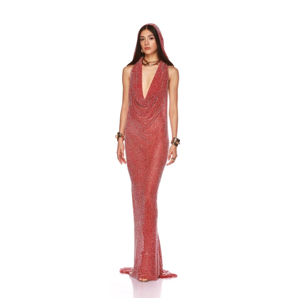 Bronx and Banco Red Amalia Red Gown  a harmonious blend of structured elegance and timeless sophistication