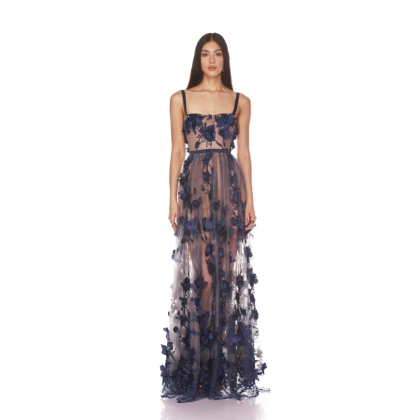 Bronx and Banco Blue Anastasia Navy Maxi Dress  a harmonious blend of structured elegance and timeless sophistication.