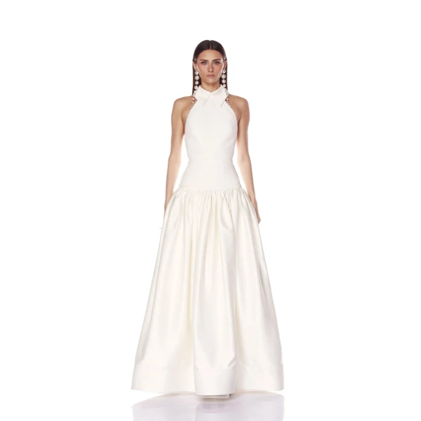 Bronx and Banco White Arlo Halterneck White Gown  a harmonious blend of structured elegance and timeless sophistication.