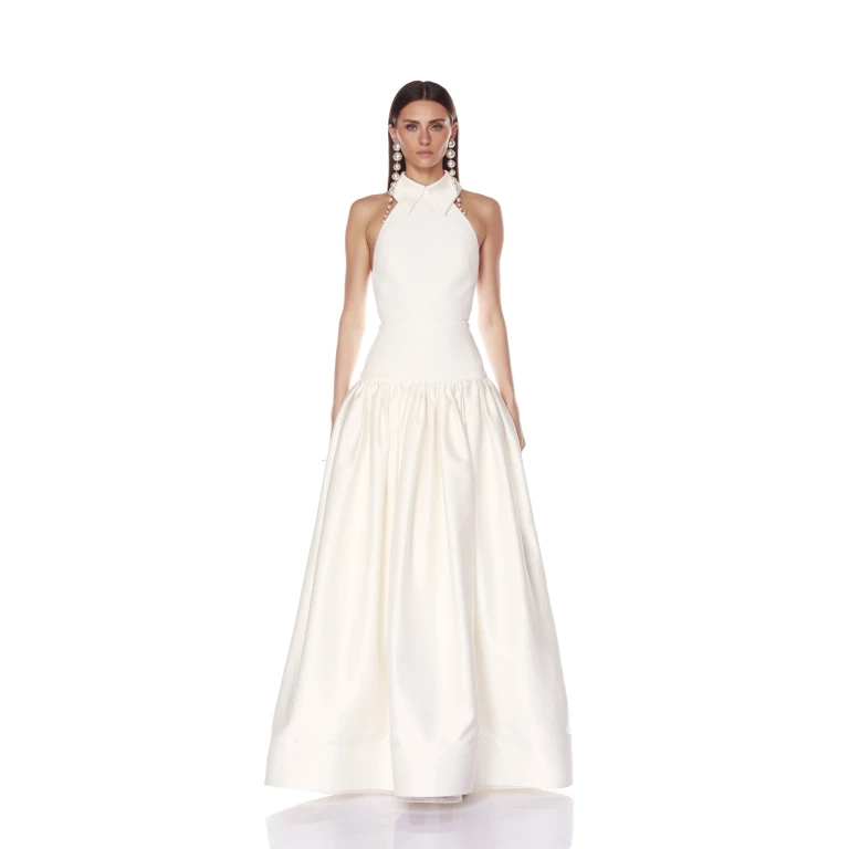 Bronx and Banco White Arlo Halterneck White Gown  a harmonious blend of structured elegance and timeless sophistication
