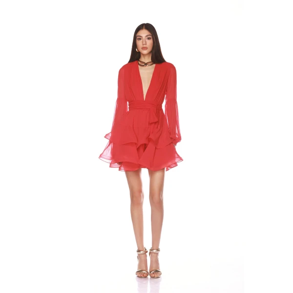 Bronx and Banco Red Bedouin Red Mini Dress  a harmonious blend of structured elegance and timeless sophistication.