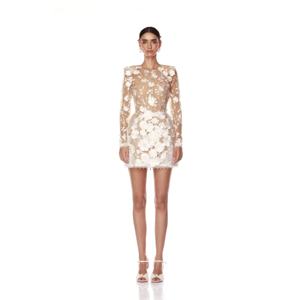 Bronx and Banco White Bouquet Maraya White Long Sleeve Mini Dress  a harmonious blend of structured elegance and timeless sophistication