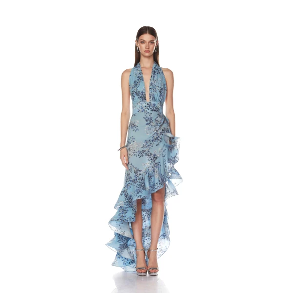 Bronx and Banco Blue Bronte Blue Poppy Maxi Dress  a harmonious blend of structured elegance and timeless sophistication.