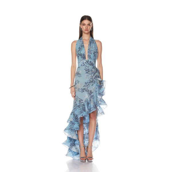 Bronx and Banco Blue Bronte Blue Poppy Maxi Dress  a harmonious blend of structured elegance and timeless sophistication
