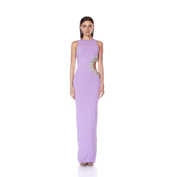 Bronx and Banco Purple Camila Lilac Rhinestone Cutout Maxi Dress  a harmonious blend of structured elegance and timeless sophistication