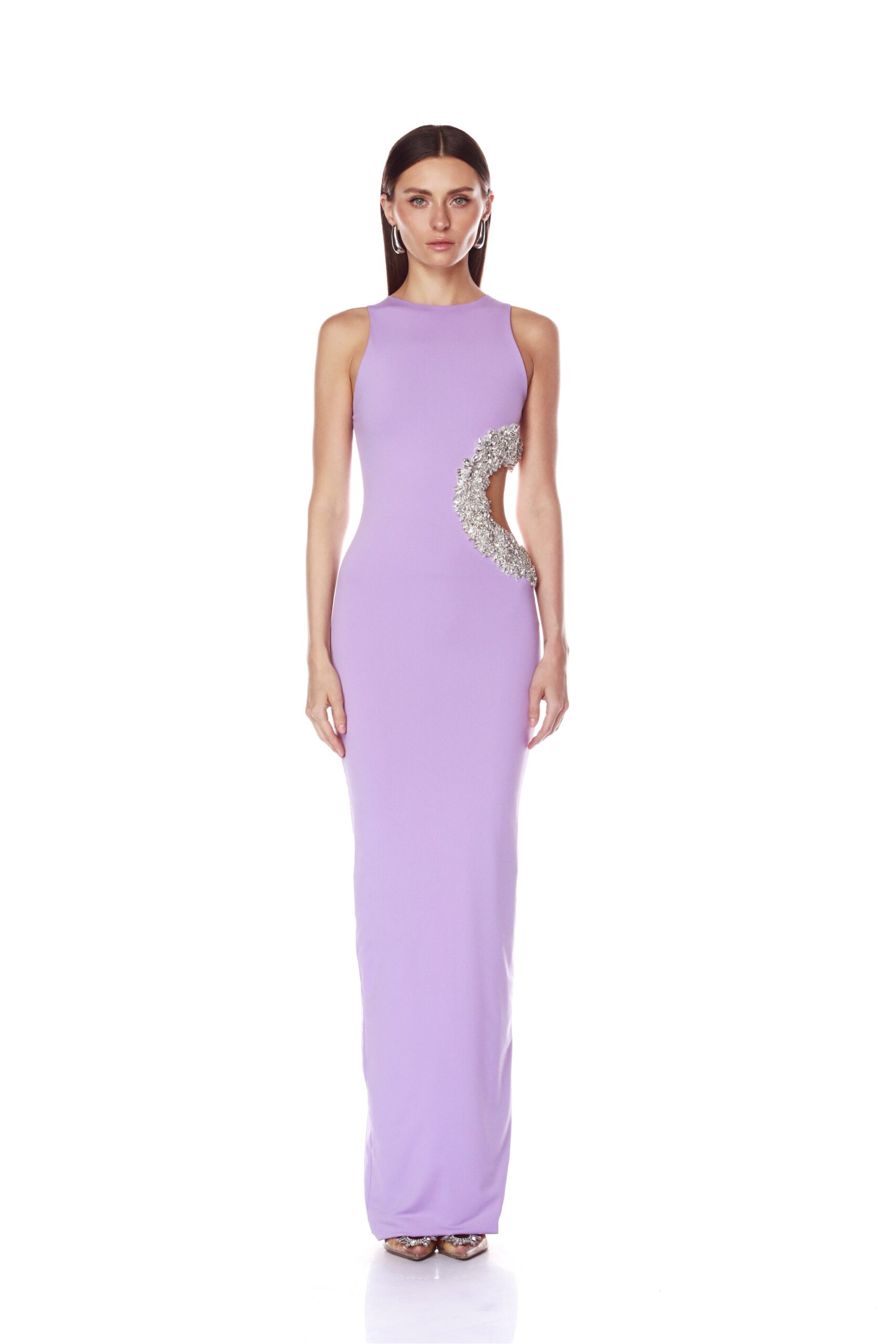 Bronx and Banco Purple Camila Lilac Rhinestone Cutout Maxi Dress  a harmonious blend of structured elegance and timeless sophistication