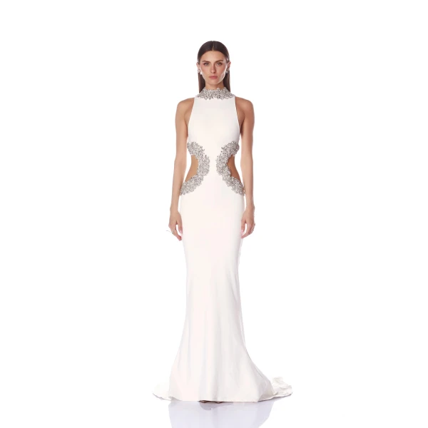 Bronx and Banco White Camila White Rhinestone Cutout Gown  a harmonious blend of structured elegance and timeless sophistication.