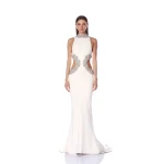 Bronx and Banco White Camila White Rhinestone Cutout Gown  a harmonious blend of structured elegance and timeless sophistication