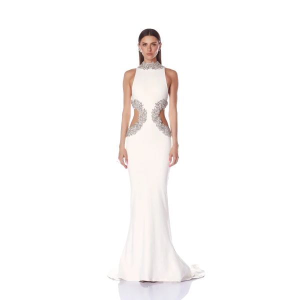 Bronx and Banco White Camila White Rhinestone Cutout Gown  a harmonious blend of structured elegance and timeless sophistication