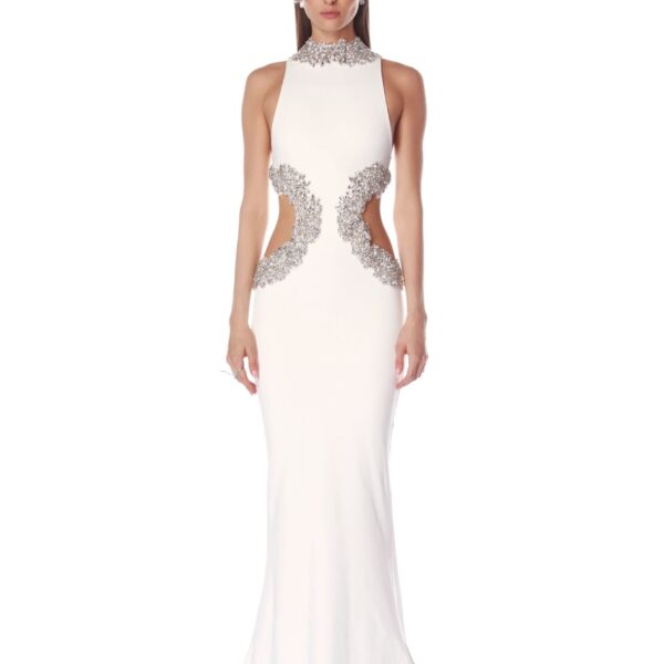 Bronx and Banco Camila White Rhinestone Cutout Gown