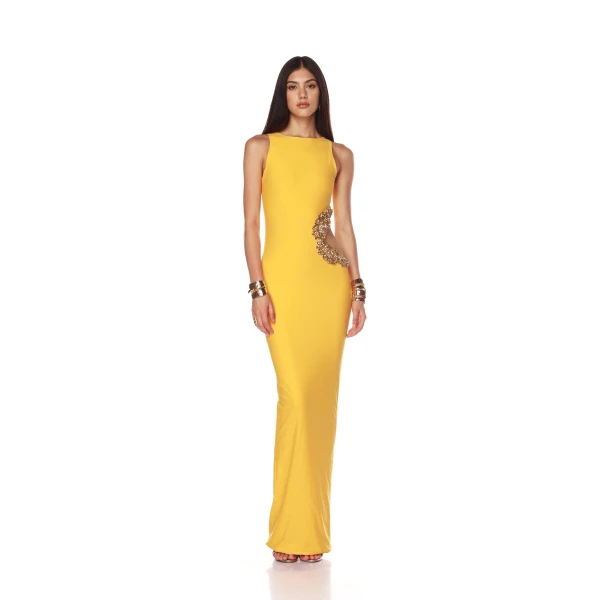Bronx and Banco Yellow Camila Yellow Rhinestone Cutout Maxi Dress  a harmonious blend of structured elegance and timeless sophistication.