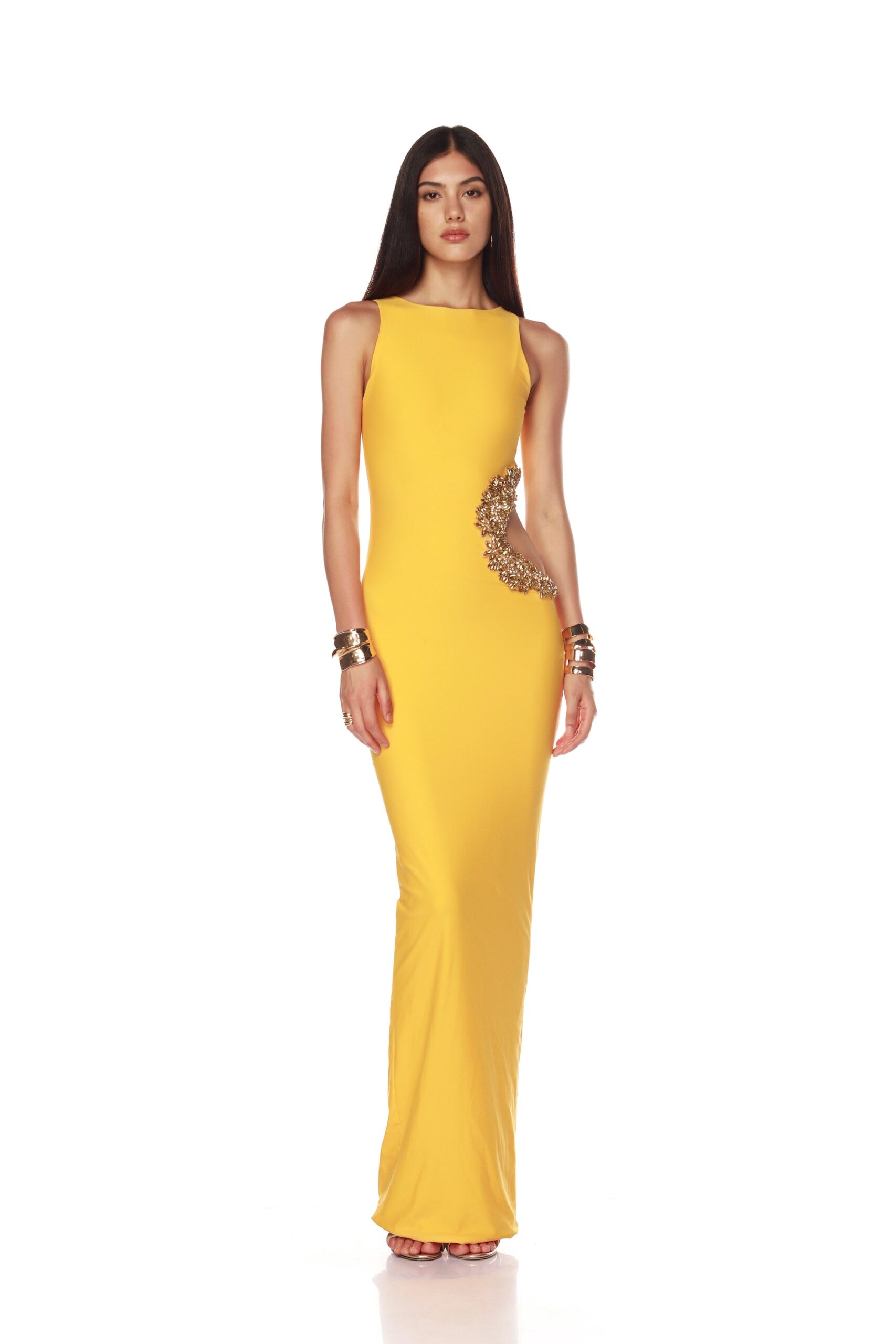 Bronx and Banco Yellow Camila Yellow Rhinestone Cutout Maxi Dress  a harmonious blend of structured elegance and timeless sophistication