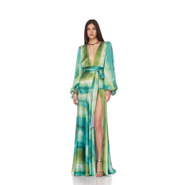 Bronx and Banco Green Carmen Coastal Maxi Dress  a harmonious blend of structured elegance and timeless sophistication