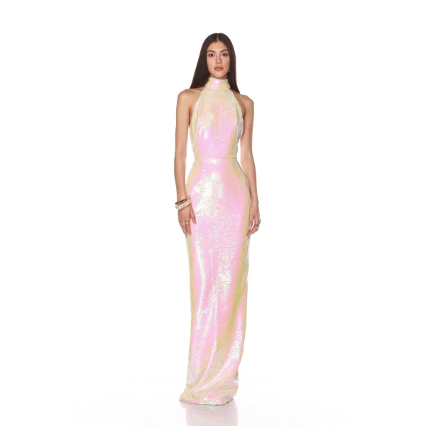 Bronx and Banco Pink Coco Halterneck Pink Iridescent Maxi Dress  a harmonious blend of structured elegance and timeless sophistication.