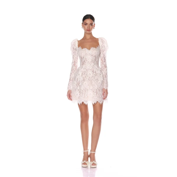 Bronx and Banco White Colette Lace Long Sleeve Mini Dress  a harmonious blend of structured elegance and timeless sophistication.