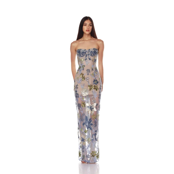 Bronx and Banco Blue Dahlia Baby Blue Multi Maxi Dress  a harmonious blend of structured elegance and timeless sophistication.