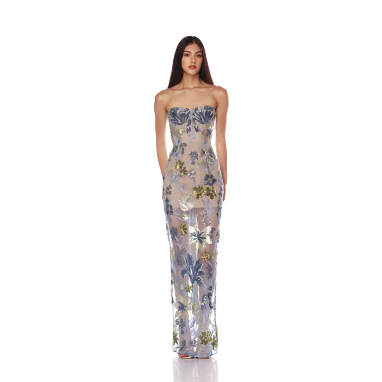Bronx and Banco Blue Dahlia Baby Blue Multi Maxi Dress  a harmonious blend of structured elegance and timeless sophistication