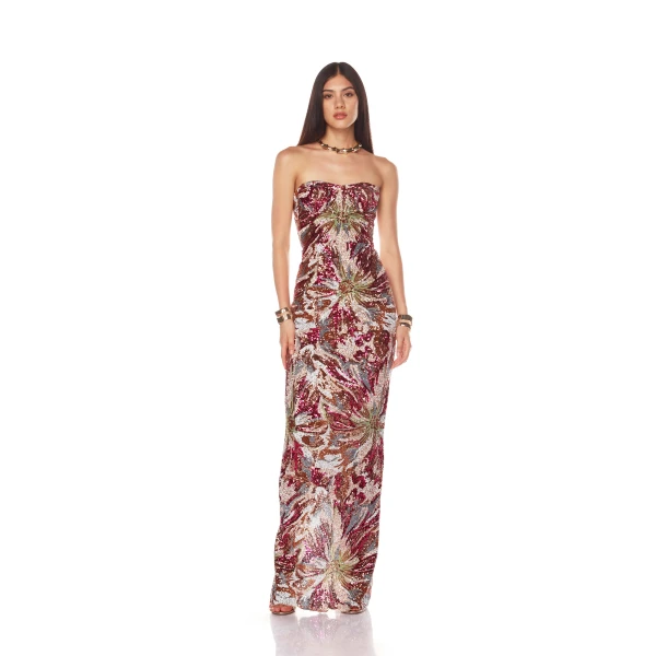 Bronx and Banco Pink Dahlia Fuchsia Multi Maxi Dress  a harmonious blend of structured elegance and timeless sophistication