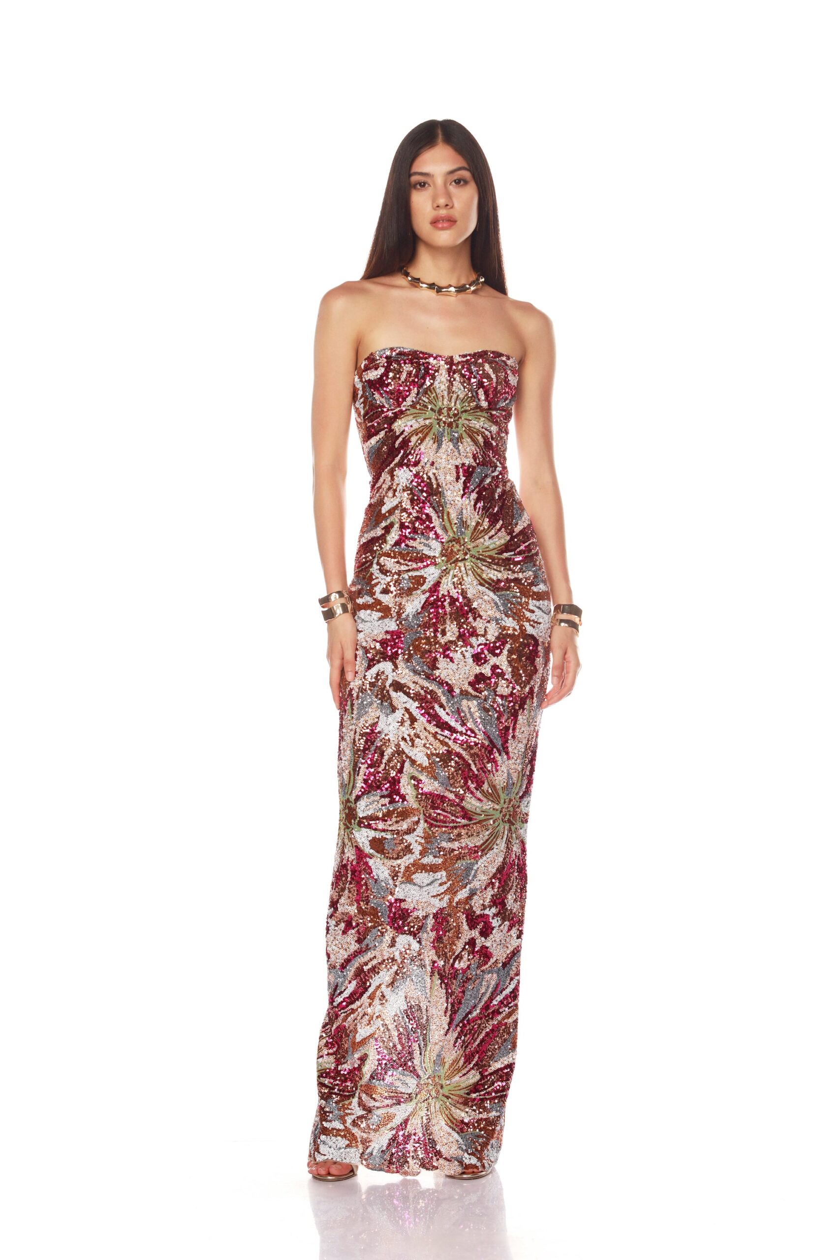 Bronx and Banco Pink Dahlia Fuchsia Multi Maxi Dress  a harmonious blend of structured elegance and timeless sophistication