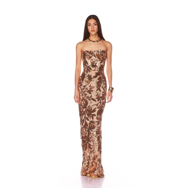 Bronx and Banco Gold Dahlia Gold Multi Gown  a harmonious blend of structured elegance and timeless sophistication.