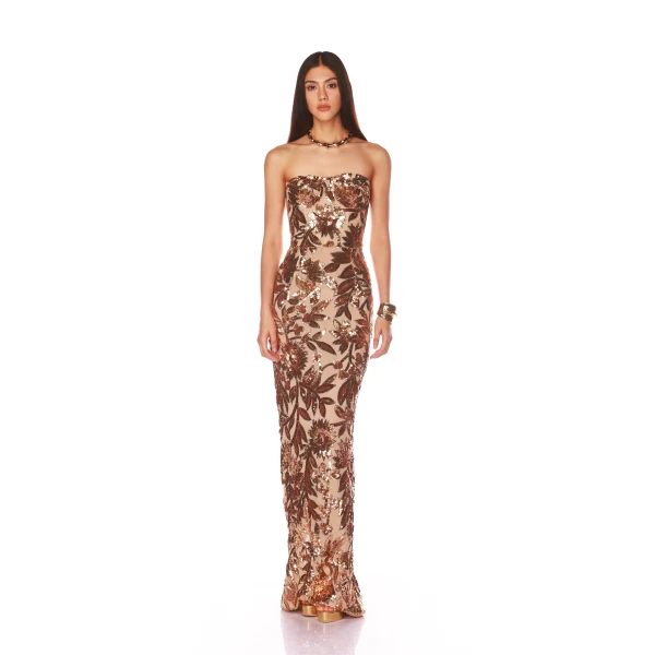 Bronx and Banco Gold Dahlia Gold Multi Gown  a harmonious blend of structured elegance and timeless sophistication