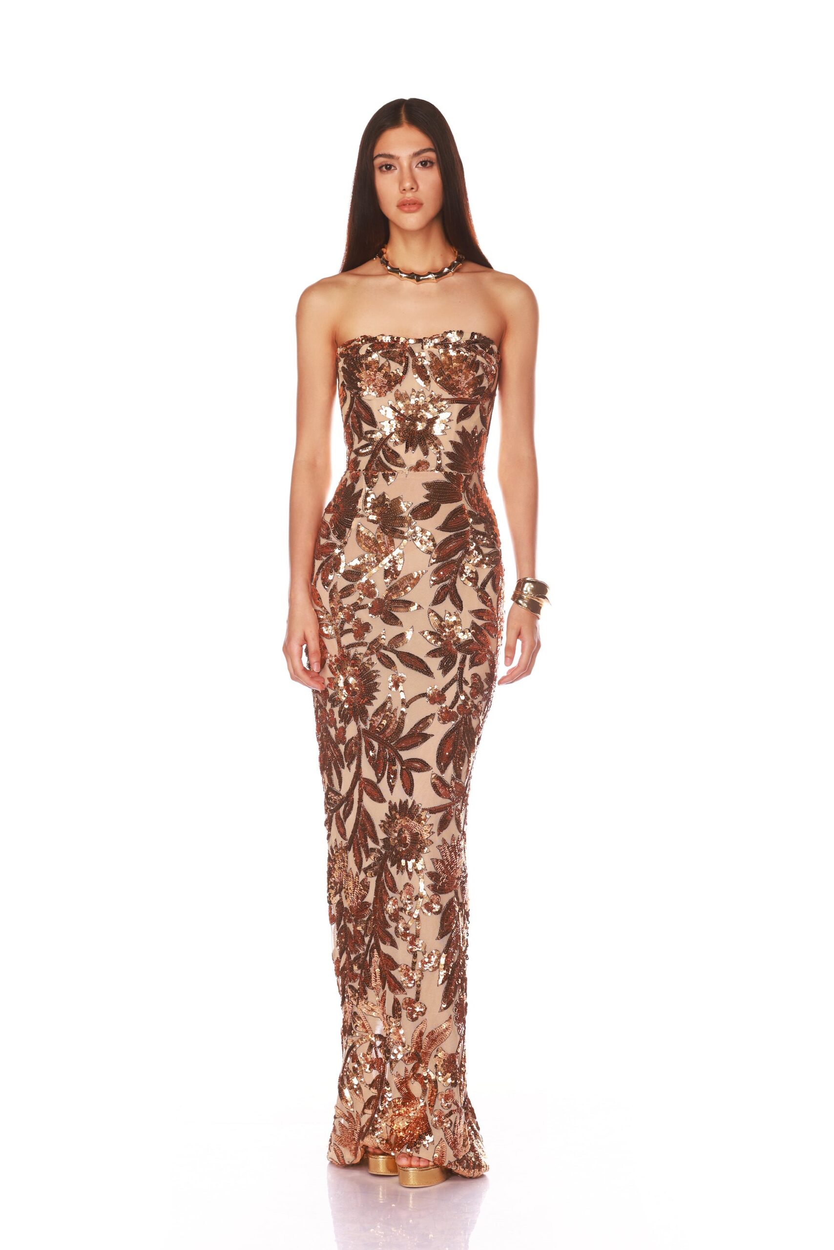 Bronx and Banco Gold Dahlia Gold Multi Gown  a harmonious blend of structured elegance and timeless sophistication