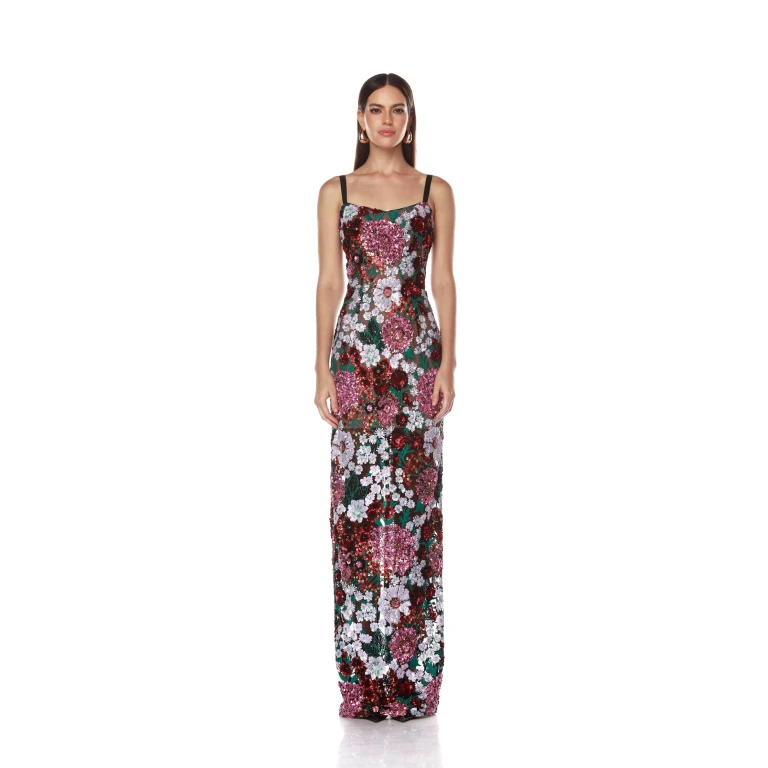 Bronx and Banco Pink Dahlia Pink Multi Maxi Dress  a harmonious blend of structured elegance and timeless sophistication