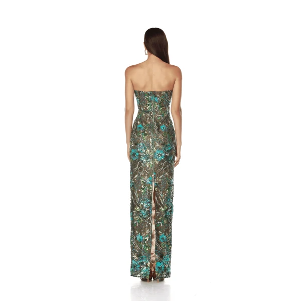 Bronx and Banco Multicolour Dahlia Teal Multi Maxi Dress  a harmonious blend of structured elegance and timeless sophistication.