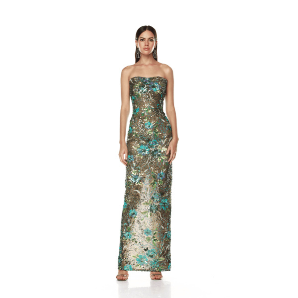 Bronx and Banco Multicolour Dahlia Teal Multi Maxi Dress  a harmonious blend of structured elegance and timeless sophistication
