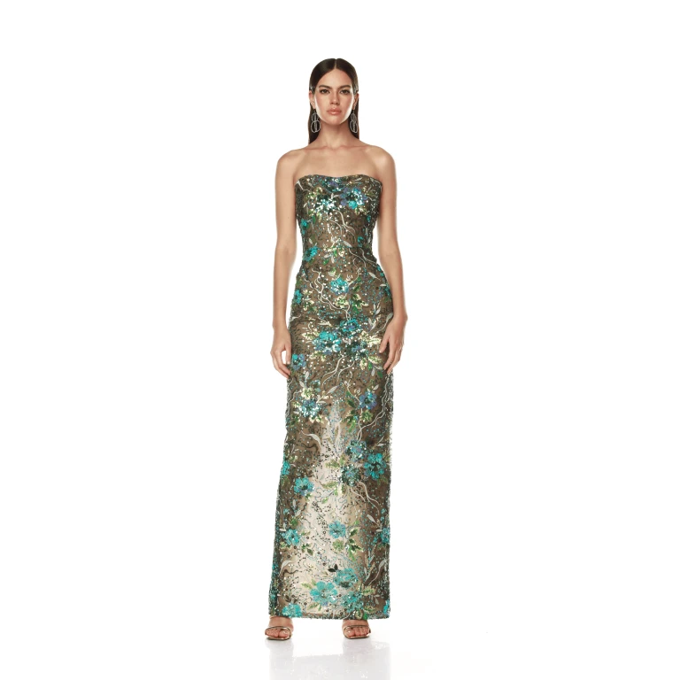 Bronx and Banco Multicolour Dahlia Teal Multi Maxi Dress  a harmonious blend of structured elegance and timeless sophistication