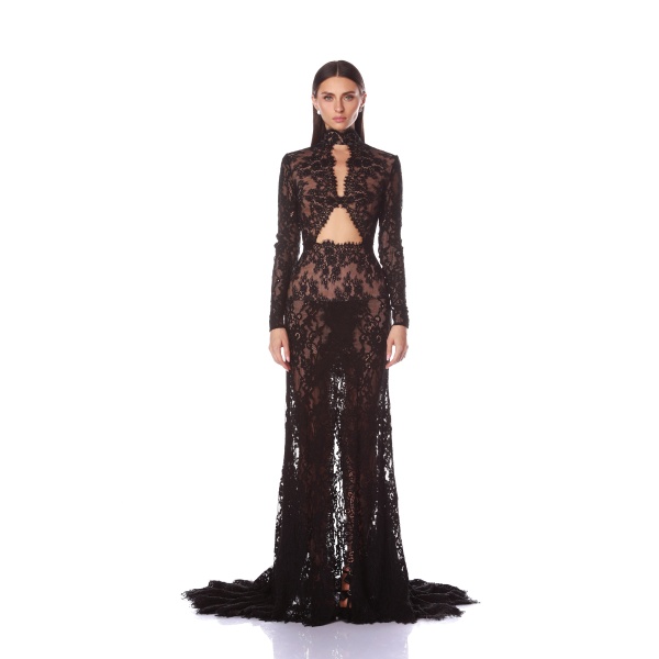 Bronx and Banco Black Eleanor Black Lace Gown  a harmonious blend of structured elegance and timeless sophistication