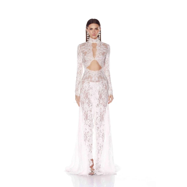 Bronx and Banco White Eleanor White Lace Gown  a harmonious blend of structured elegance and timeless sophistication.