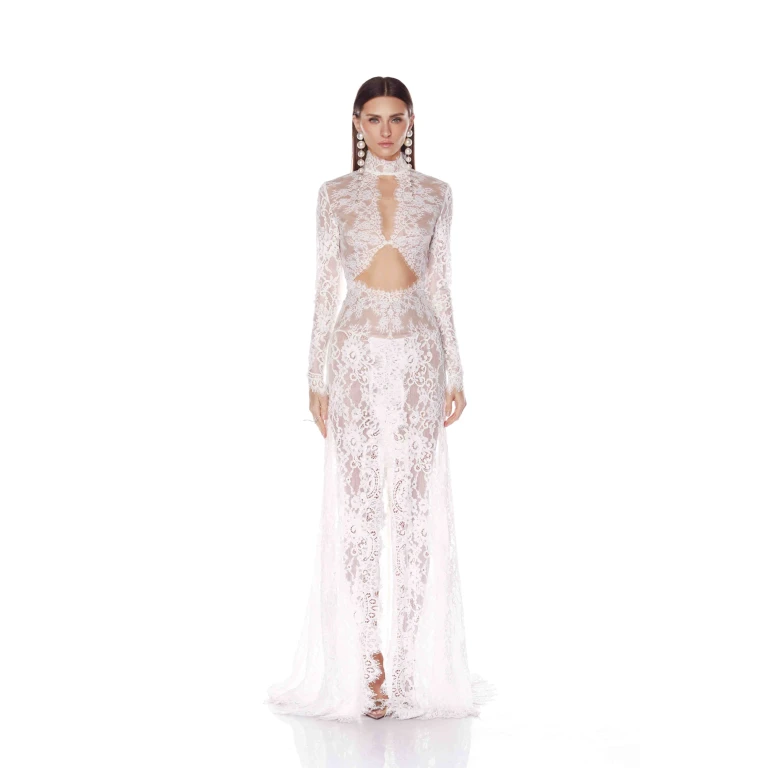 Bronx and Banco White Eleanor White Lace Gown  a harmonious blend of structured elegance and timeless sophistication