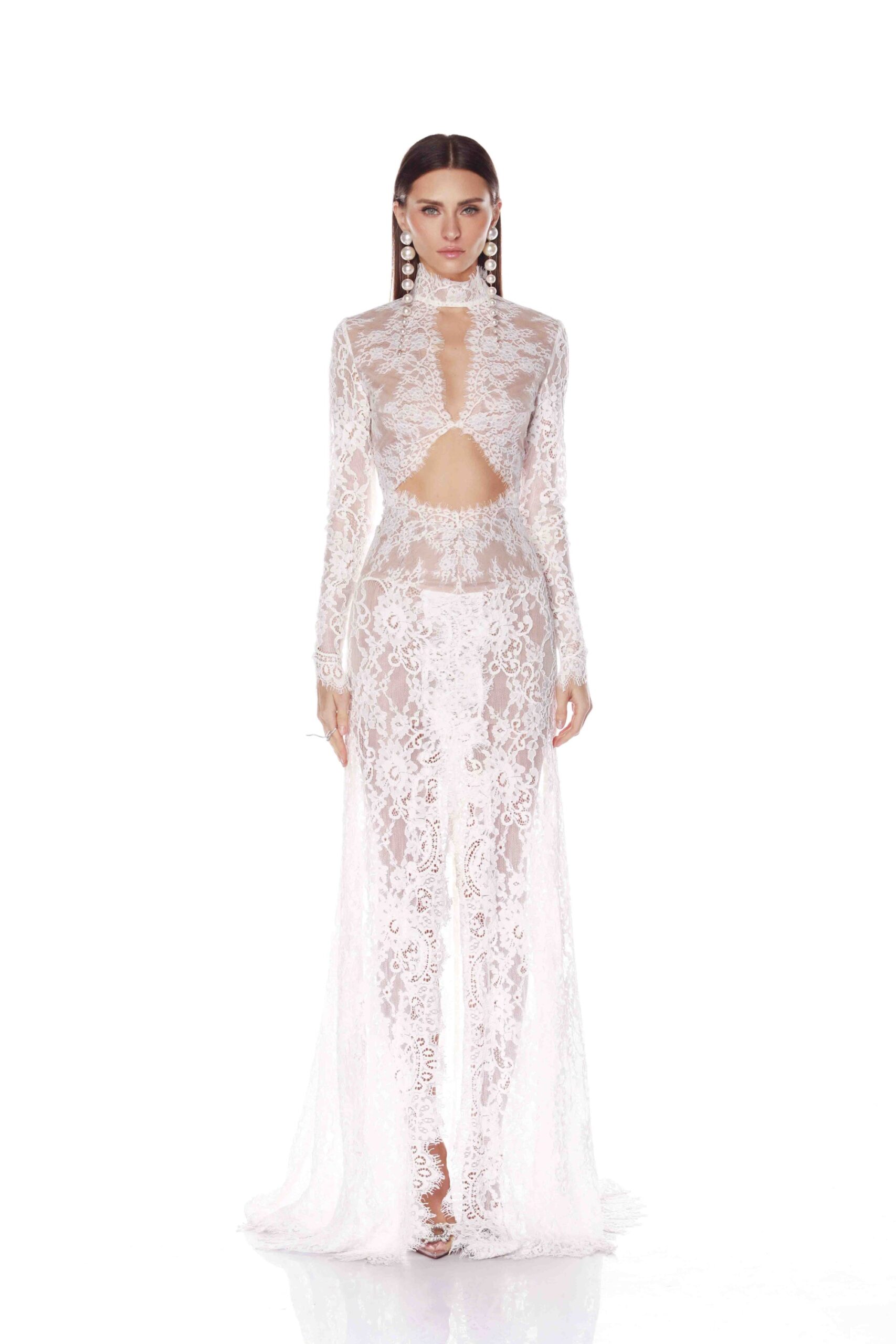 Bronx and Banco White Eleanor White Lace Gown  a harmonious blend of structured elegance and timeless sophistication