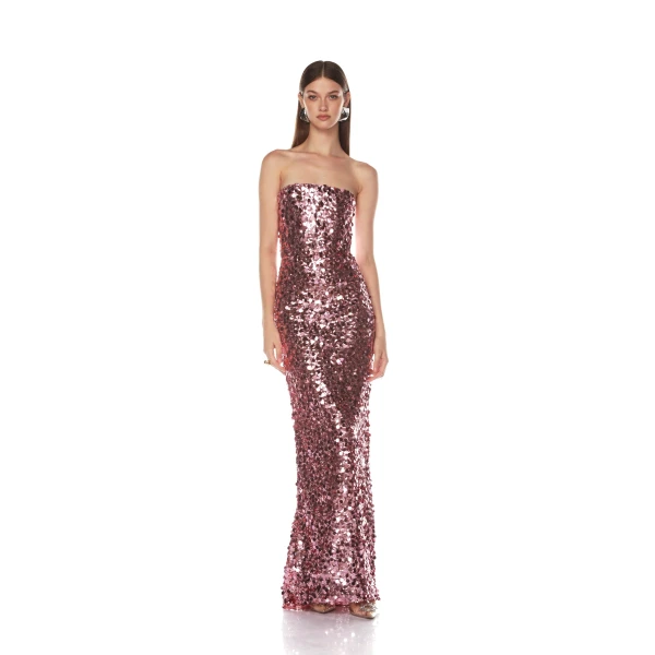 Bronx and Banco Pink Farah Blush Sequin Strapless Gown  a harmonious blend of structured elegance and timeless sophistication.