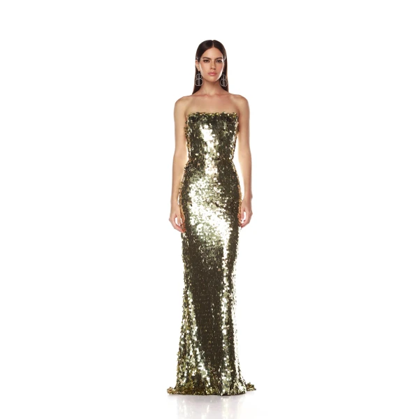 Bronx and Banco Gold Farah Gold Sequin Strapless Gown  a harmonious blend of structured elegance and timeless sophistication.