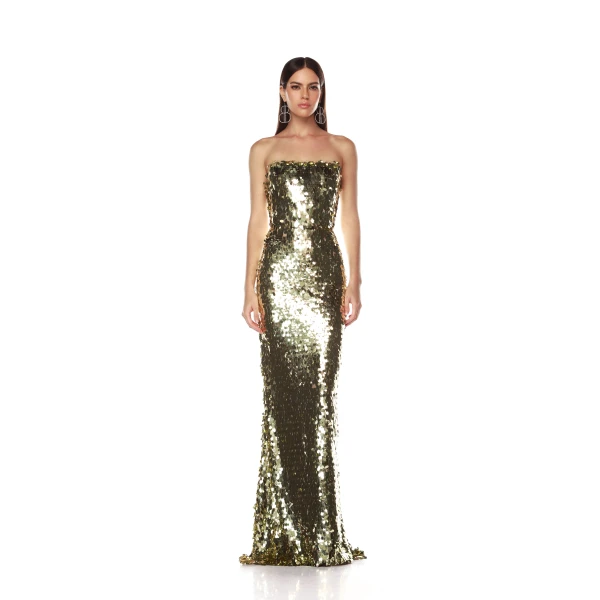 Bronx and Banco Gold Farah Gold Sequin Strapless Gown  a harmonious blend of structured elegance and timeless sophistication