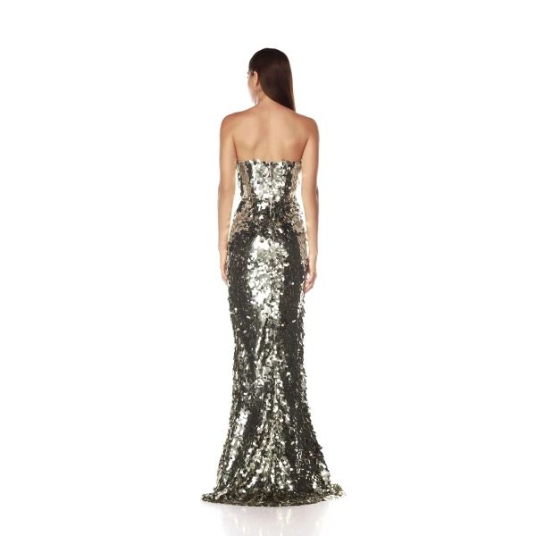 Bronx and Banco Silver Farah Silver Sequin Strapless Gown  a harmonious blend of structured elegance and timeless sophistication.