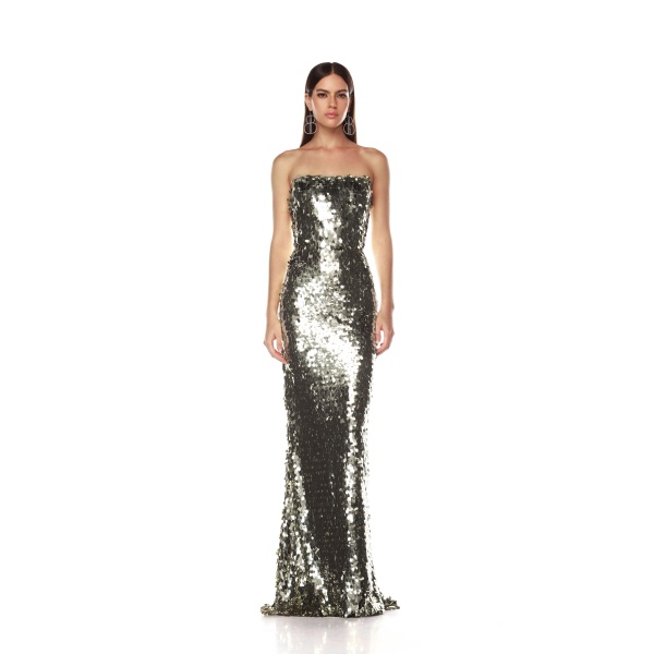 Bronx and Banco Silver Farah Silver Sequin Strapless Gown  a harmonious blend of structured elegance and timeless sophistication