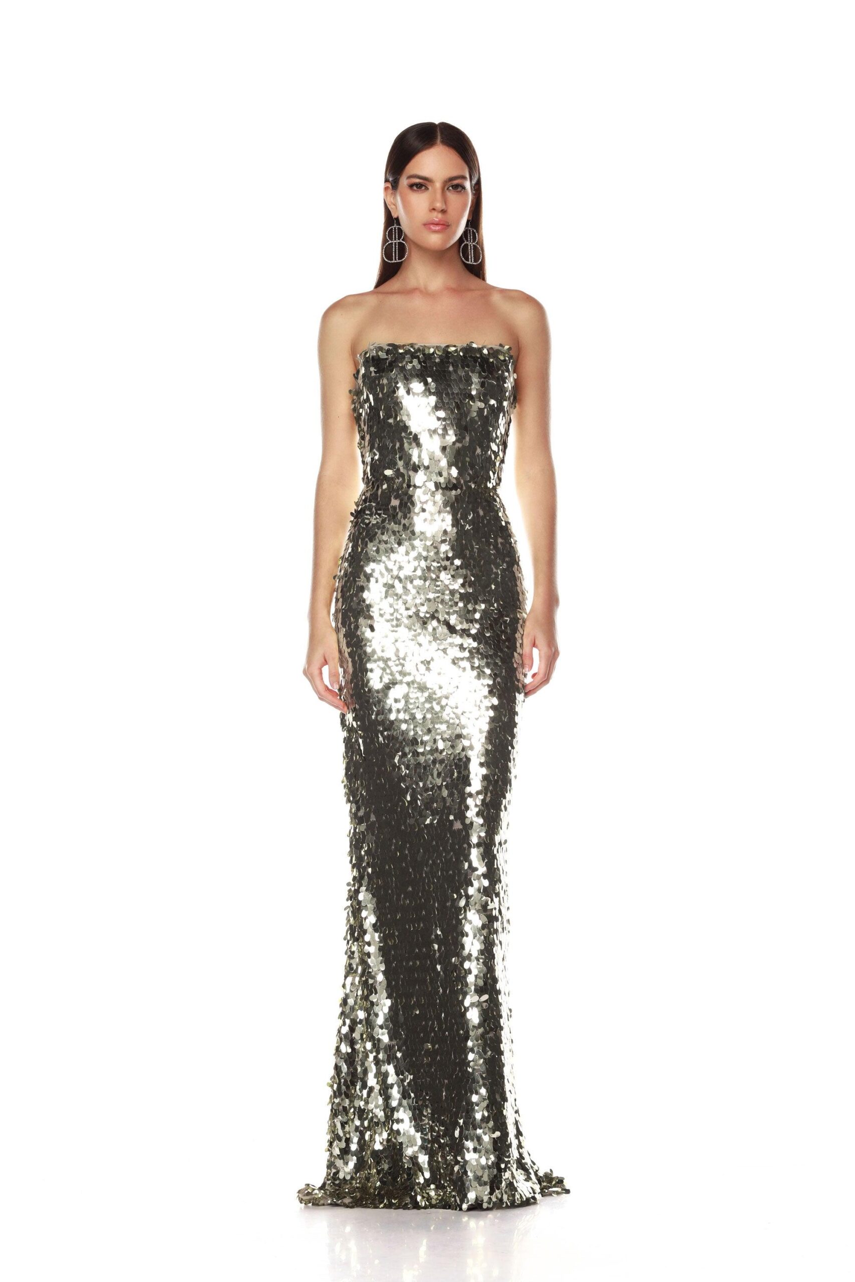 Bronx and Banco Farah Silver Sequin Strapless Gown Bronx and Banco Silver Farah Silver Sequin Strapless Gown a harmonious blend of structured elegance and timeless sophistication