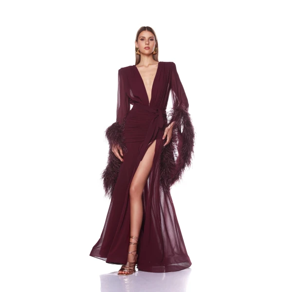 Bronx and Banco Red Geisha Burgundy Maxi Dress  a harmonious blend of structured elegance and timeless sophistication.