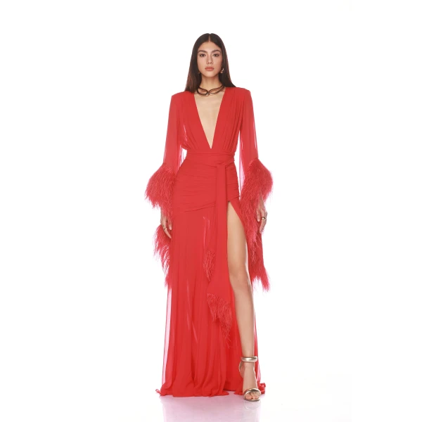 Bronx and Banco Red Geisha Red Maxi Dress  a harmonious blend of structured elegance and timeless sophistication