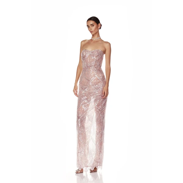 Bronx and Banco Pink Giselle Blush Maxi Dress  a harmonious blend of structured elegance and timeless sophistication.