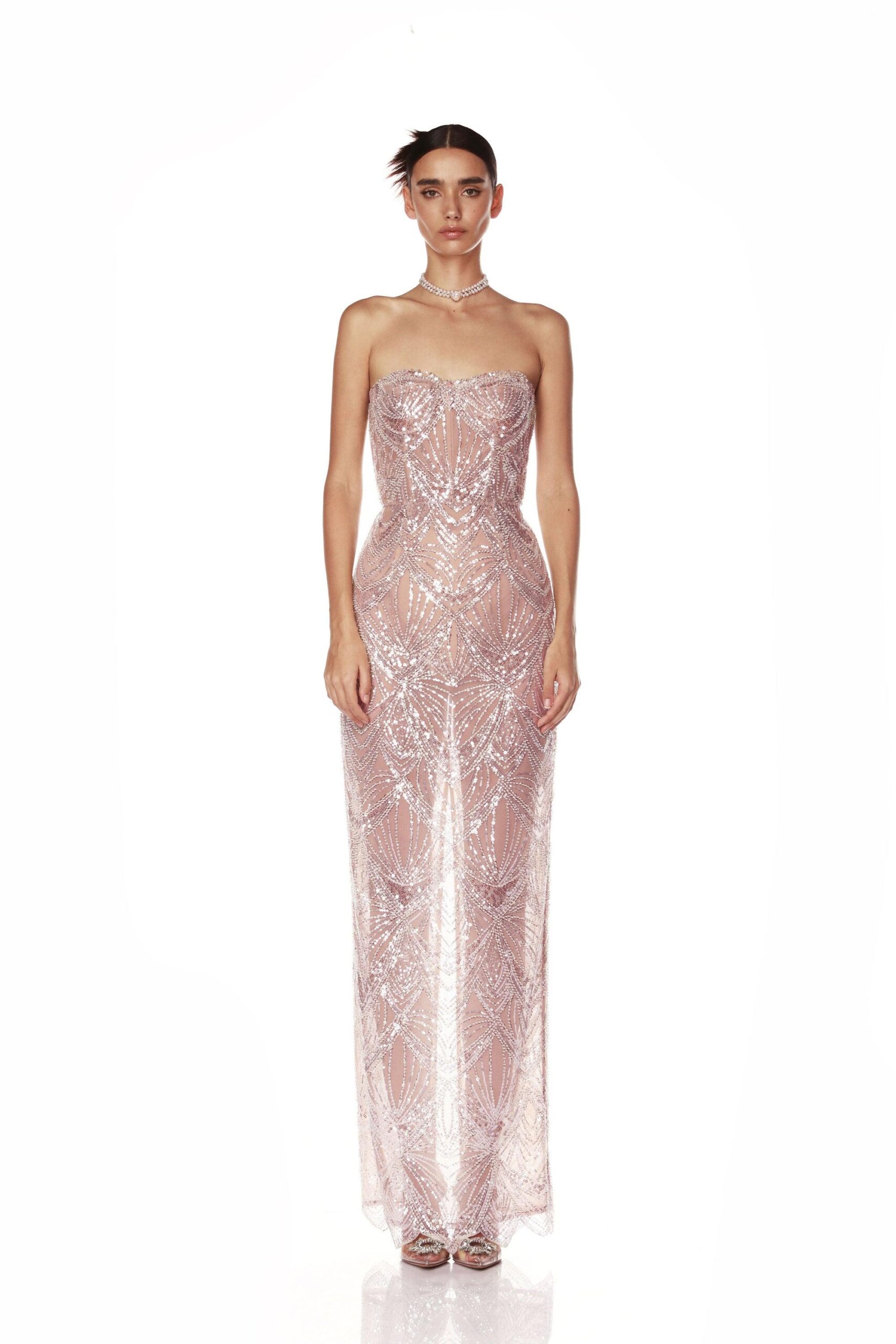 Bronx and Banco Pink Giselle Blush Maxi Dress  a harmonious blend of structured elegance and timeless sophistication