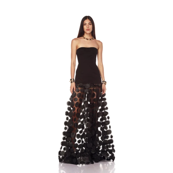 Bronx and Banco Black Harper Strapless Black Gown  a harmonious blend of structured elegance and timeless sophistication.