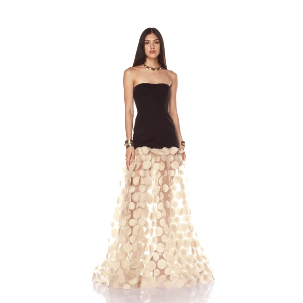 Bronx and Banco Black Harper Strapless Black and Beige Gown  a harmonious blend of structured elegance and timeless sophistication.