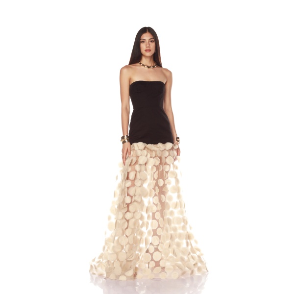 Bronx and Banco Black Harper Strapless Black and Beige Gown  a harmonious blend of structured elegance and timeless sophistication